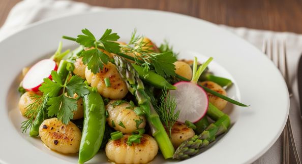 Gnocchis maison aux herbes fraîches et légumes printaniers