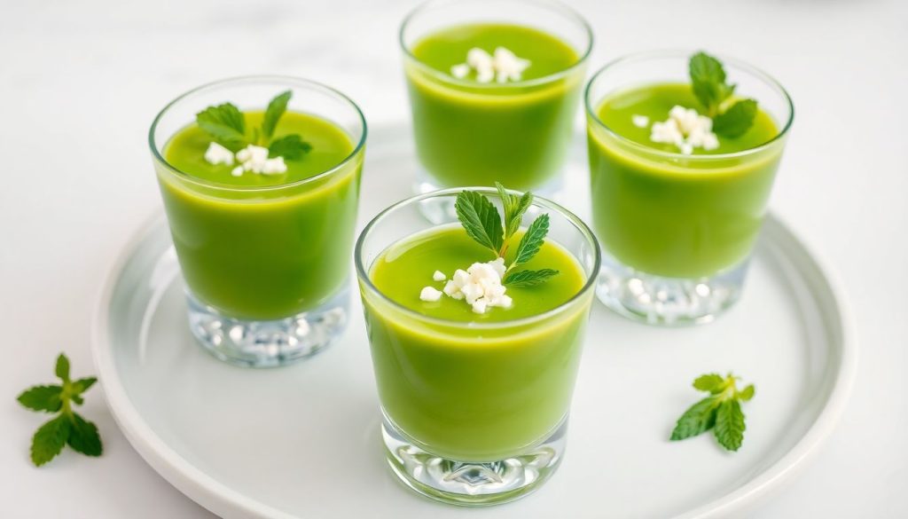 Soupe froide de petits pois en verrine : une entrée fraîche et colorée