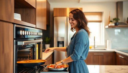 Femme qui utlise son four cuisine